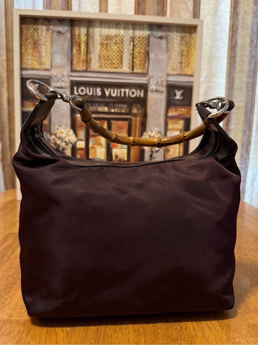 GUCCI Dark Brown Nylon Shoulder Bag with Bamboo Handle